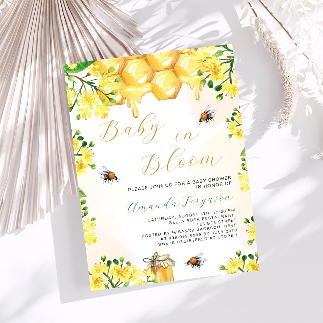 Baby in Bloom gelbe Blütenblüten Bienen Babydusche Einladung (Von Creator hochgeladen)