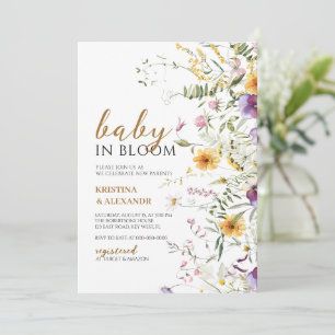 Baby in Bloom Gelbe und violette Wildblumen Dusche Einladung