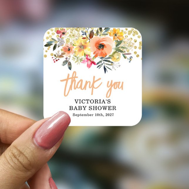 Baby in Bloom Gold Orange Baby Dusche Quadratischer Aufkleber (Von Creator hochgeladen)