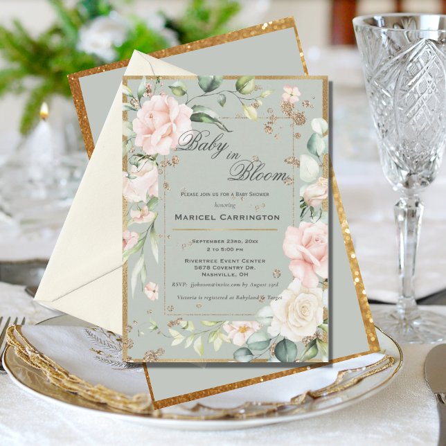 Baby in Bloom Green Floral Elegante Babydusche Einladung (Von Creator hochgeladen)