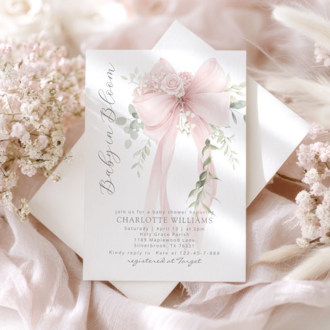 Baby in Bloom Greenery Bow Elegant Baby shower Einladung (Von Creator hochgeladen)