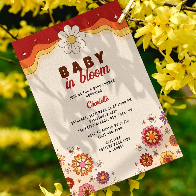 Baby in Bloom Groovy Retro Hippie Blume Einladung (Von Creator hochgeladen)