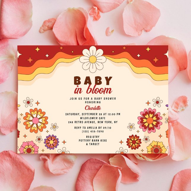 Baby in Bloom Groovy Retro Hippie Blume Einladung (Von Creator hochgeladen)