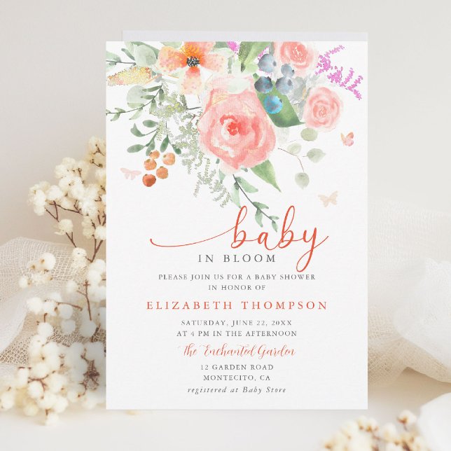 Baby in Bloom Happy Garden Floral Girl Babydusche Einladung (baby in bloom colorful floral elegant modern calligraphy garden party backyard summer spring fall)