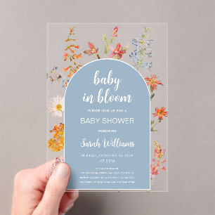 Baby in Bloom Jungen-Baby-Party Blaue Blumen Wiese Acryleinladungen