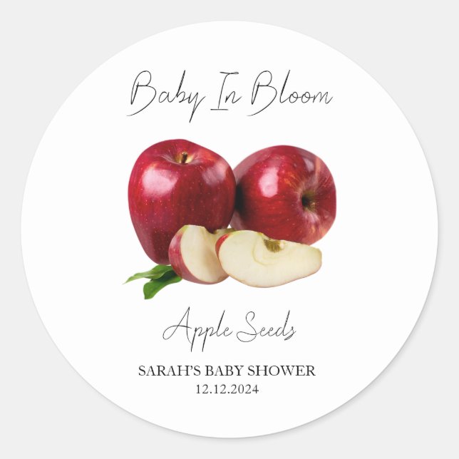 Baby in Bloom l Apple Seeds Baby Dusche Runder Aufkleber (Vorderseite)