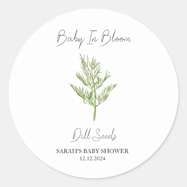 Baby in Bloom l Dill Seeds Baby Dusche Runder Aufkleber (Vorderseite)