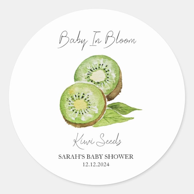 Baby in Bloom l Kiwi Seeds Baby Dusche Runder Aufkleber (Vorderseite)