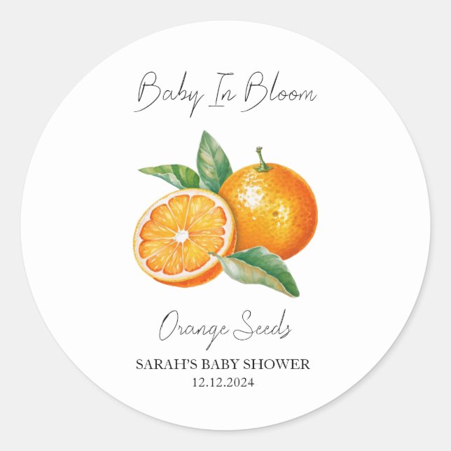 Baby in Bloom l Orange Seeds Baby Dusche Runder Aufkleber (Vorderseite)