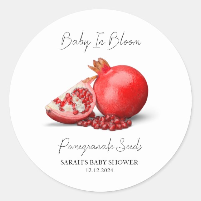 Baby in Bloom l Pomegranate Seeds Baby Dusche Runder Aufkleber (Vorderseite)