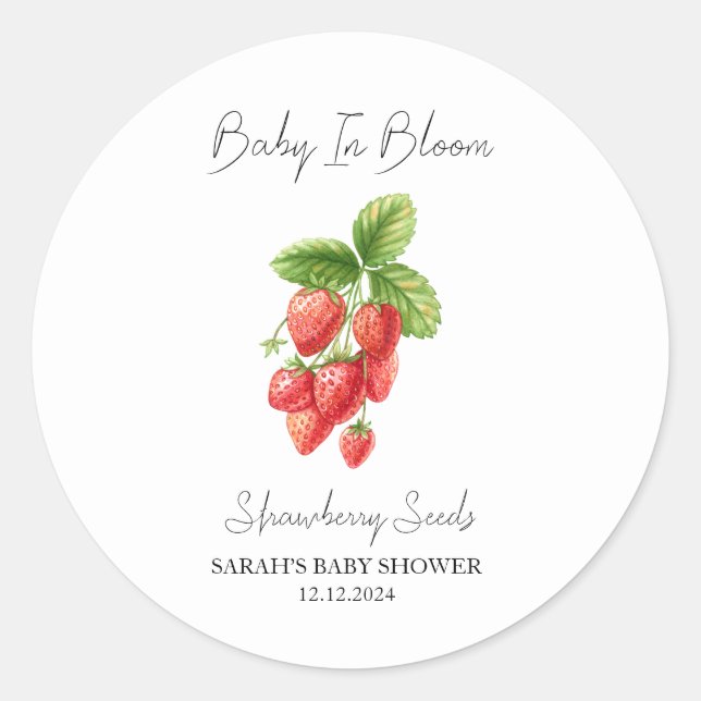 Baby in Bloom l Strawberry Samen Baby Dusche Runder Aufkleber (Vorderseite)