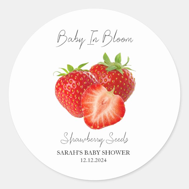 Baby in Bloom l Strawberry Samen Baby Dusche Runder Aufkleber (Vorderseite)
