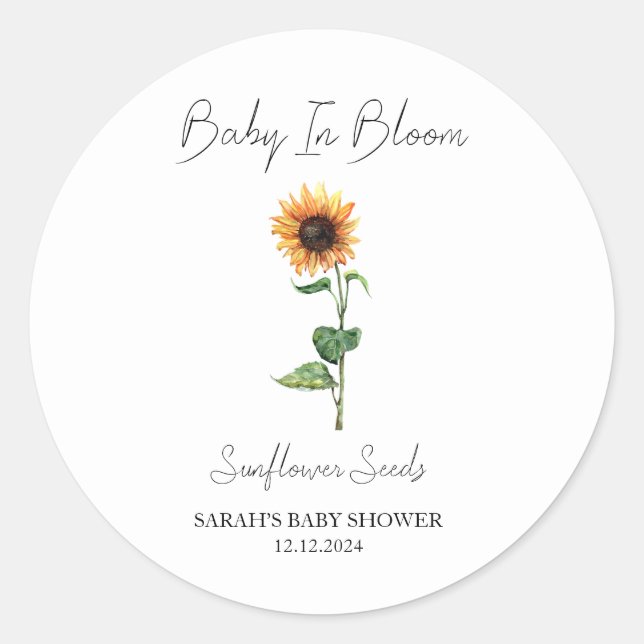 Baby in Bloom l Sunflower Seeds Baby Dusche Runder Aufkleber (Vorderseite)