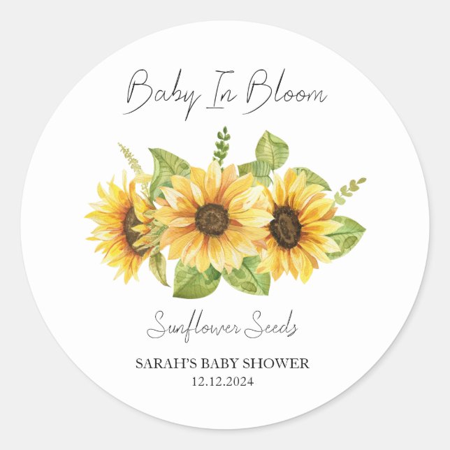 Baby in Bloom l Sunflower Seeds Baby Dusche Runder Aufkleber (Vorderseite)
