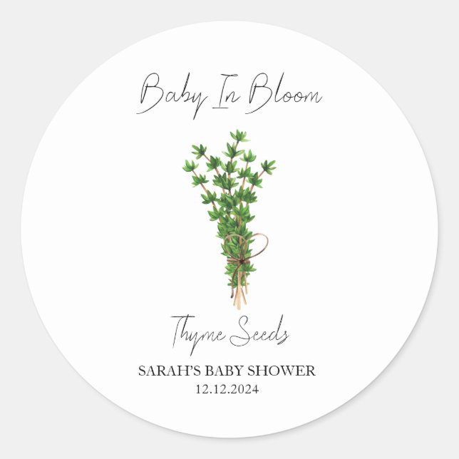 Baby in Bloom l Thyme Seeds Baby Dusche Runder Aufkleber (Vorderseite)