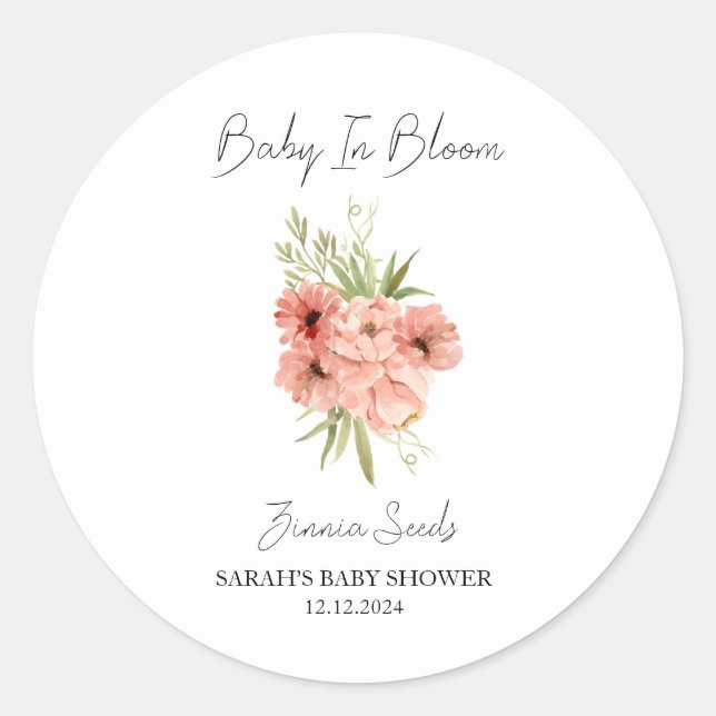 Baby in Bloom l Zinnia Samen Baby Dusche Runder Aufkleber (Vorderseite)