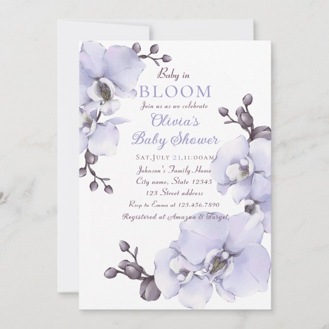 Baby in Bloom Lavender Orchid Baby Shower Invitati Einladung (Vorderseite)