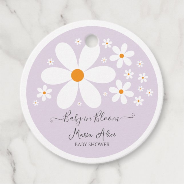 Baby in Bloom Lila Daisy Baby Shower Geschenkanhänger (Vorderseite)