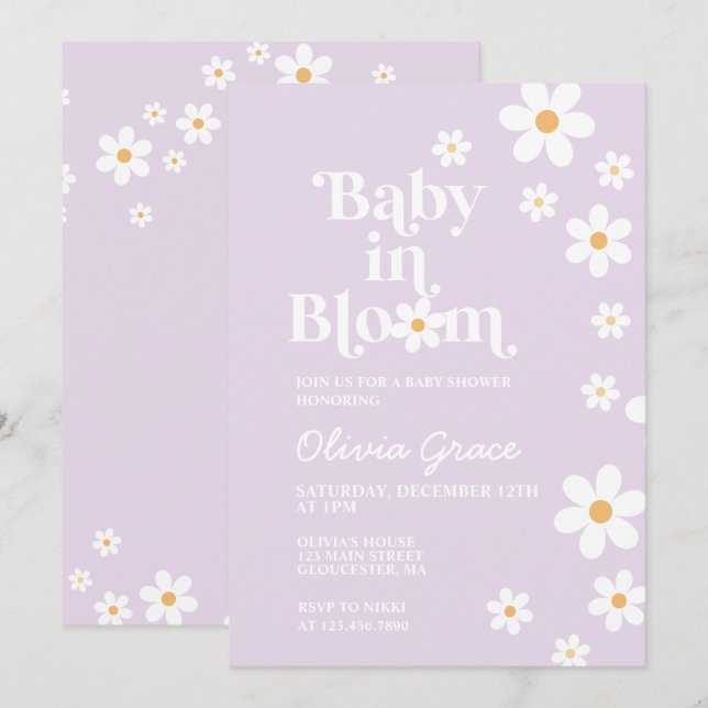 Baby in Bloom lila Daisy Kinderdusche Einladung (Vorne/Hinten)