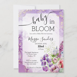 Baby in Bloom Lila Floral Baby Dusche Einladung