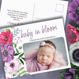 Baby in Bloom Lila Pink Blume Foto Geburt Ankündigungspostkarte