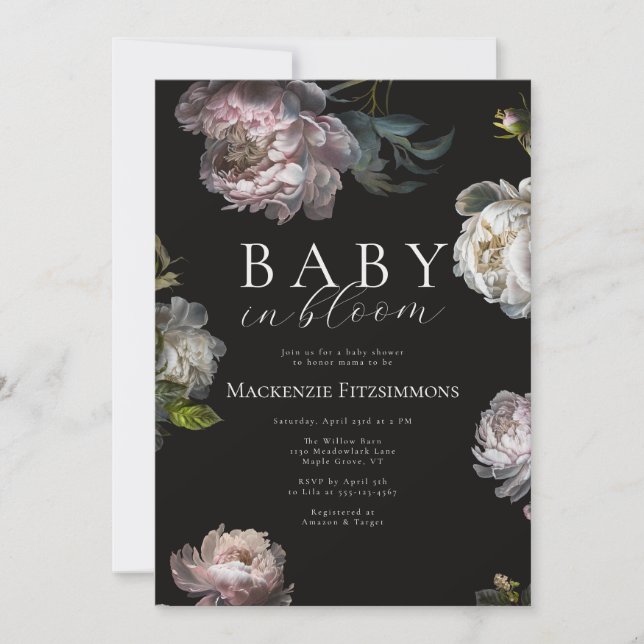 Baby in Bloom Moody Peony Photo Floral Baby Shower Einladung (Vorderseite)