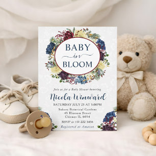 Baby in Bloom Navy Burgundy Florale Babyparty Einladung