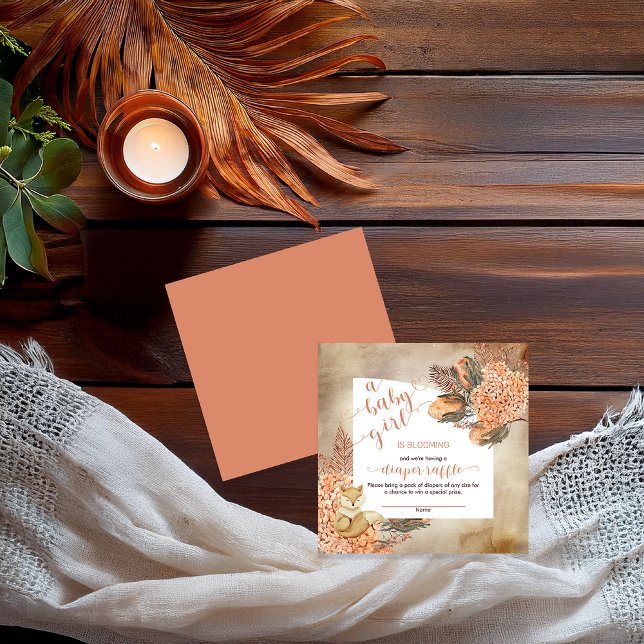 Baby in Bloom Palm Blätter Hydrangeas Diaper Raffl Begleitkarte (Boho Palm Leaves and Hydrangeas Sleeping Fox Girl Baby Shower Diaper Raffle Insert Card)