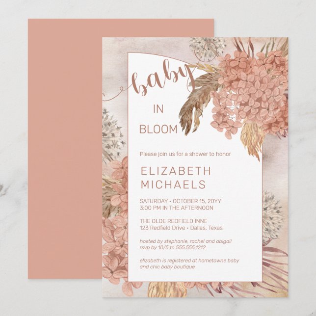 Baby in Bloom Pampas Grass und Hydrangeas Dusche Einladung (Vorne/Hinten)