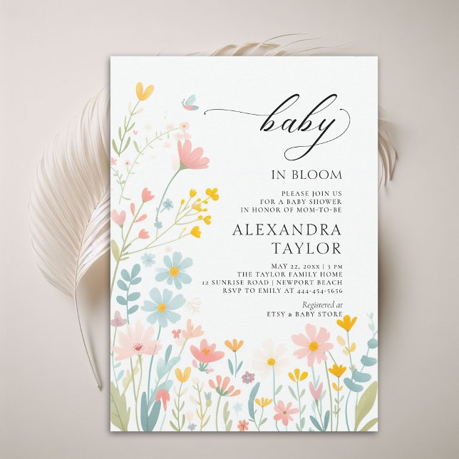 Baby in Bloom Pastel Wildblumen Kinderdusche Einladung (baby in bloom wildflowers baby shower invitation pastels watercolor cottage garden cute sweet boho)