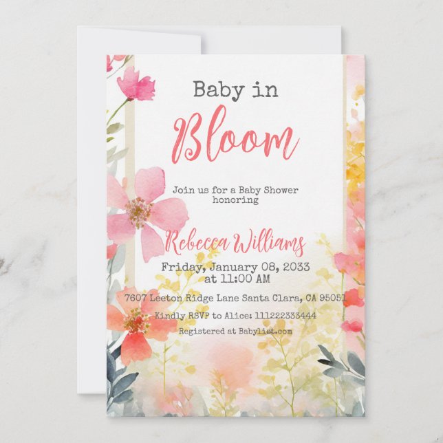 Baby in Bloom Peach Wildblume Bloral Baby Dusche Einladung (Vorderseite)
