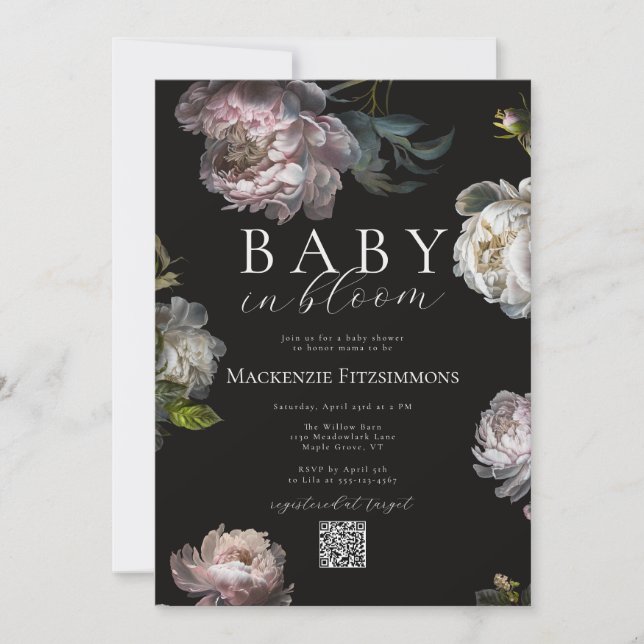 Baby in Bloom Peony Dark Floral Photo Baby Shower Einladung (Vorderseite)
