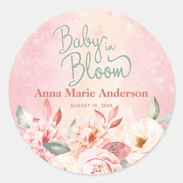 Baby in Bloom Pink Aquarell Blütendusche Runder Aufkleber (Vorderseite)