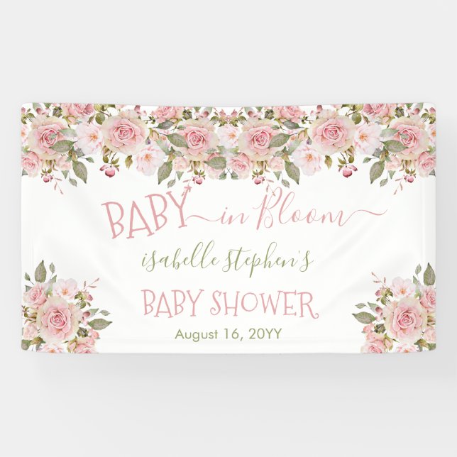 Baby in Bloom Pink Blumenblütendusche Banner (Horizontal)