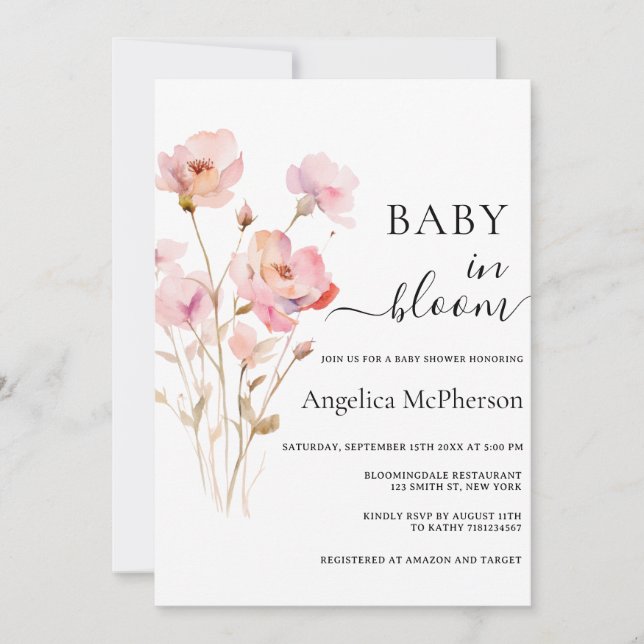 BABY IN BLOOM PINK BLUSH WATERCOLOR MEADOSE BLUME EINLADUNG (Vorderseite)