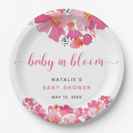 Baby in Bloom Pink Blütendusche Wasserfarbe Pappteller