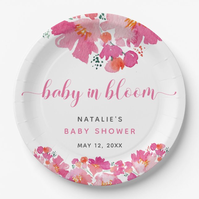 Baby in Bloom Pink Blütendusche Wasserfarbe Pappteller (Vorderseite)