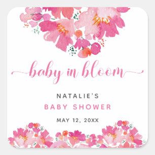 Baby in Bloom Pink Blütendusche Wasserfarbe Quadratischer Aufkleber