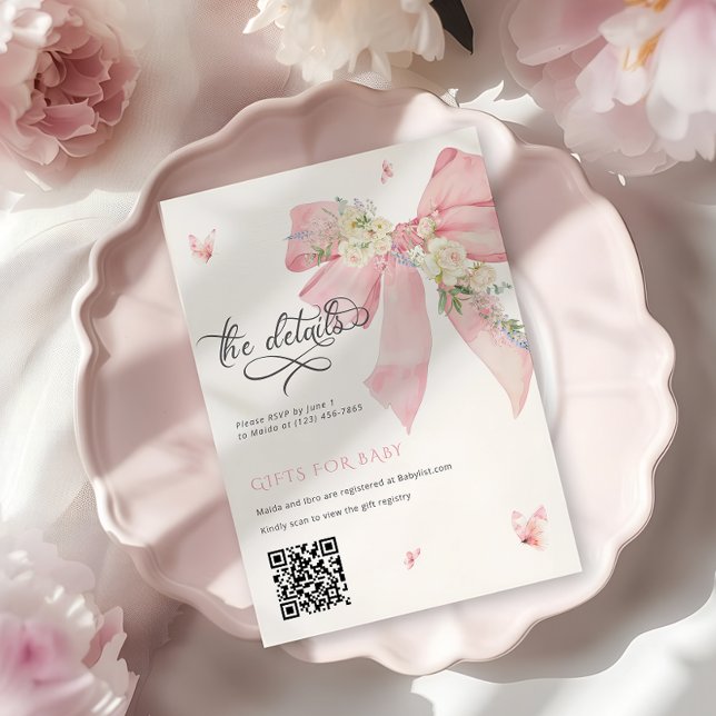 Baby in Bloom Pink Bow Babydusche Details Karte (Von Creator hochgeladen)