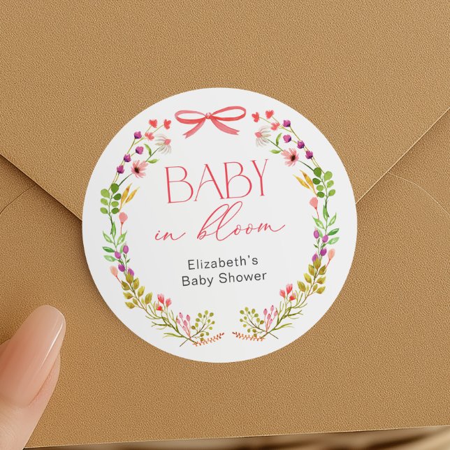 Baby in Bloom Pink Bow Blumengarten Babydusche Runder Aufkleber (Von Creator hochgeladen)