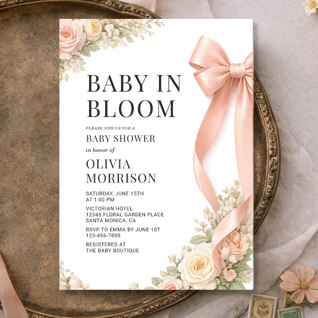 Baby In Bloom Pink Bow Coquette Baby Shower Einladung (Von Creator hochgeladen)