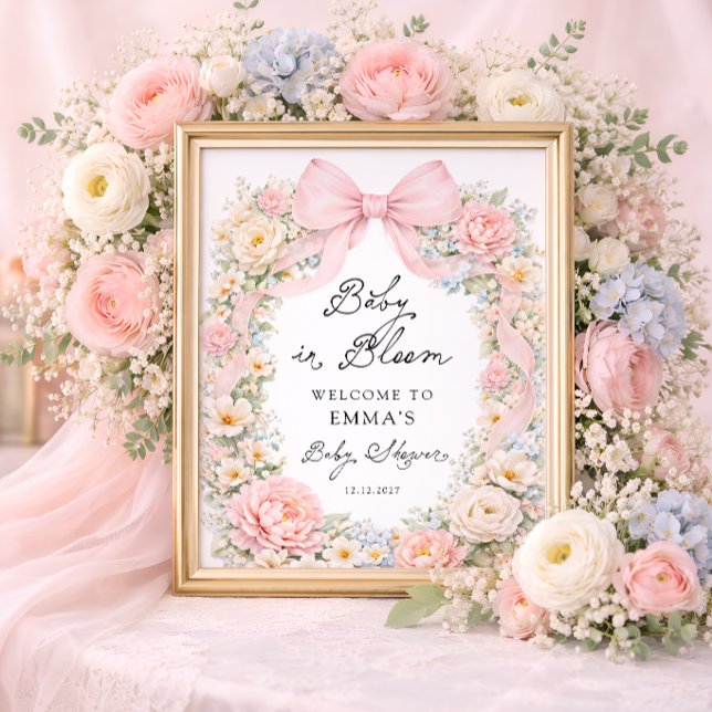 Baby in Bloom Pink Bow Floral Baby Shower Welcome Poster (Von Creator hochgeladen)