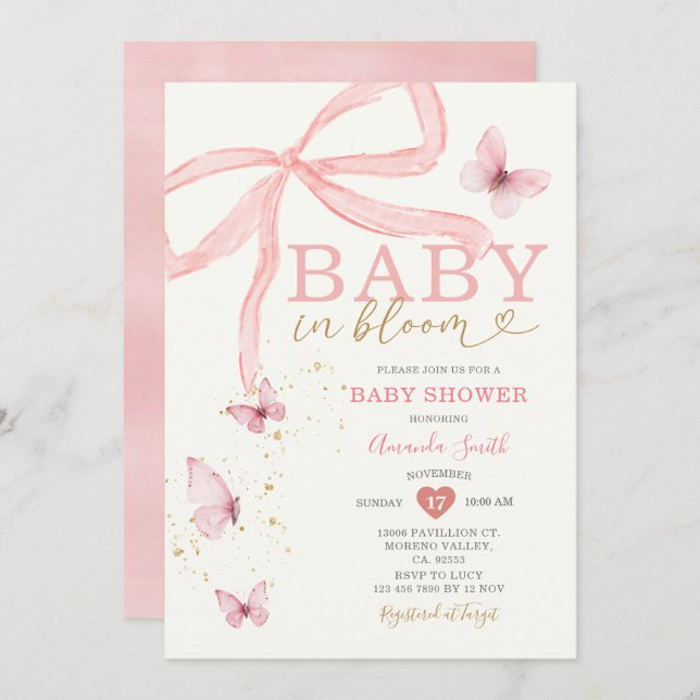 Baby in Bloom Pink Bow Girl Babydusche Einladung (Vorne/Hinten)