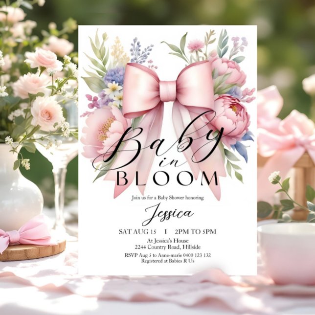 Baby in Bloom Pink Bow Kinderdusche Einladung (Baby in Bloom Coquette Pink Bow Baby Girl Baby Shower Invitation. On trend Coquette Spring theme)