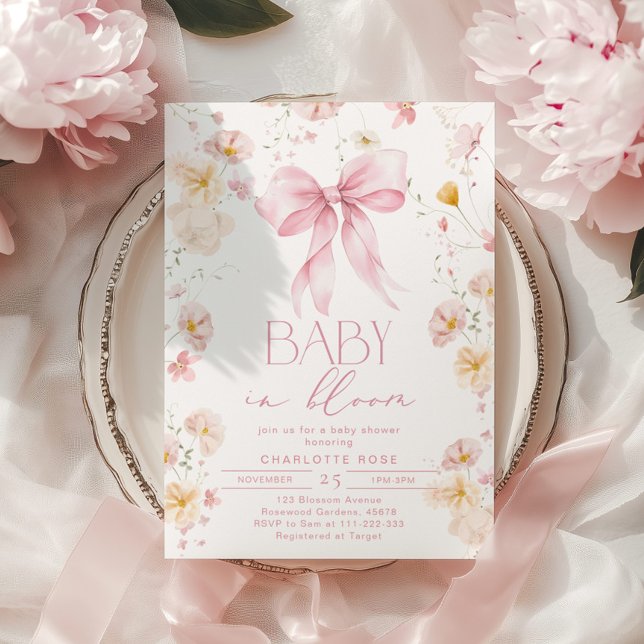 Baby in Bloom Pink Bow Wildblume Babydusche Einladung (Von Creator hochgeladen)