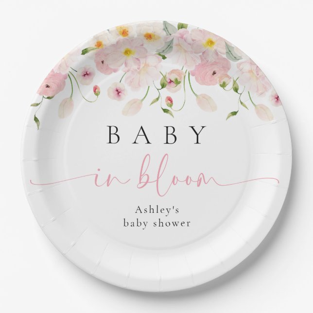 Baby In Bloom Pink Floral Baby Shower Pappteller (Vorderseite)