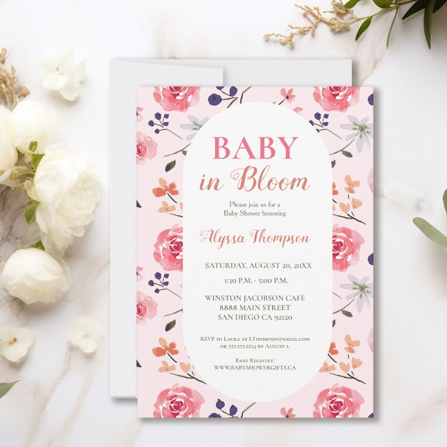 Baby in Bloom Pink Florals Custom Baby Dusche Einladung (Elegant Baby in bloom watercolor floral pink baby shower invitation)