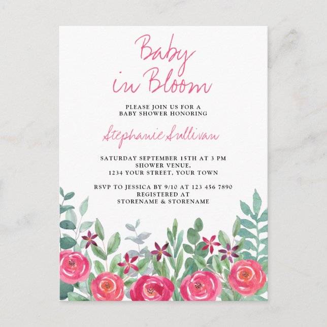 Baby in Bloom Pink Kinderdusche Einladung Postkart (Vorderseite)