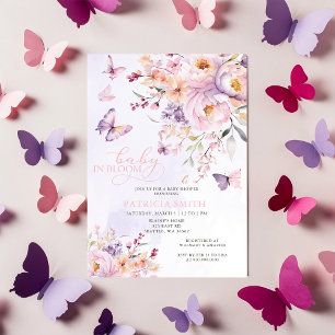 Baby in Bloom Pink Lila Butterflies Babydusche Einladung