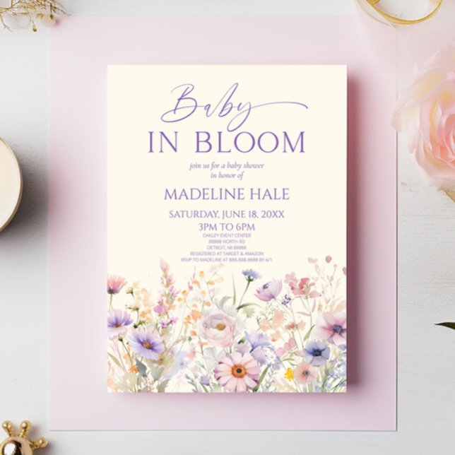 Baby in Bloom Pink Lila Wildblume Kinderdusche Einladung (Von Creator hochgeladen)